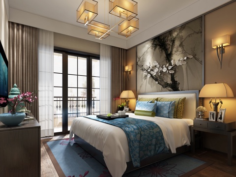  传统中式卧室 吊灯 双人床 壁灯 台灯 装饰柜3d模型 