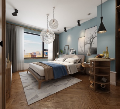  北欧卧室 吊灯 双人床 挂画 置物架 摆件3d模型 