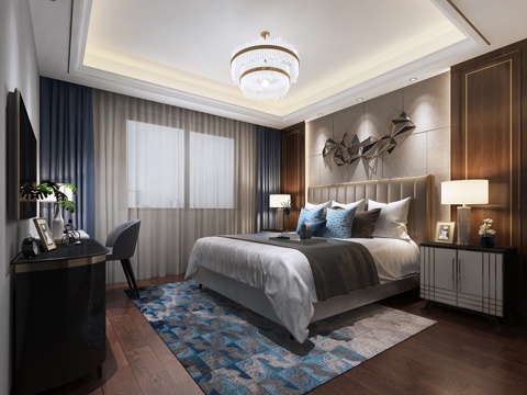  现代奢华主卧 吊灯 床 床头灯 墙饰品3d模型 