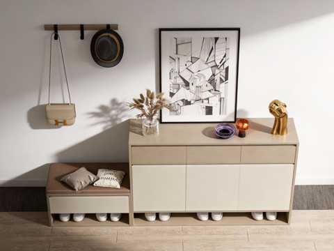 现代简约玄关柜 藤编鞋柜 换鞋凳 墙上挂钩 装饰画su模型