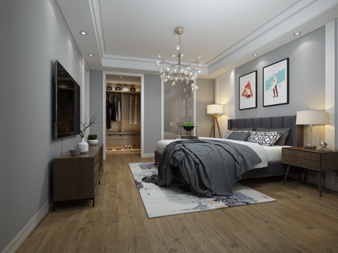  美式简约卧室 吊灯 落地灯 双人床 台灯 挂画 装饰柜3d模型 