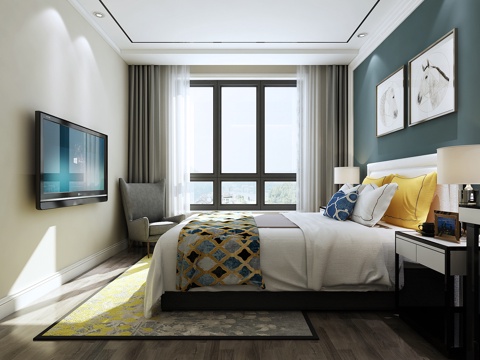  现代卧室 双人床 挂画 台灯3d模型 