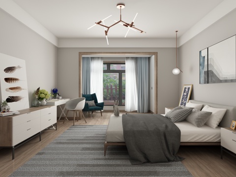  北欧卧室 吊灯 书桌椅 装饰柜 摆件 挂画 双人床 衣柜3d模型 