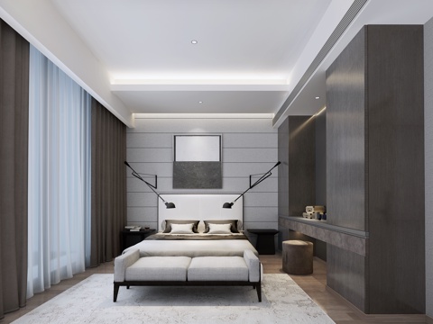  现代日式次卧室 衣柜 梳妆台 挂画 壁灯 床头柜3d模型 