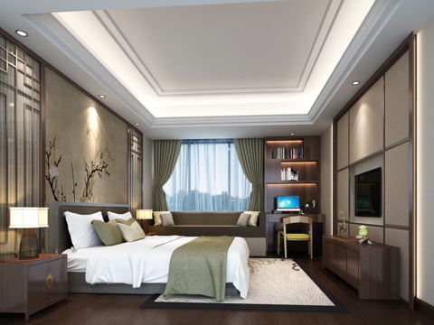  新中式主卧室 书柜 双人床 电视柜 窗帘 摆件 背景墙3d模型 