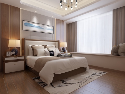  现代中式 台灯 双人床 抱枕 挂画 床头灯3d模型 