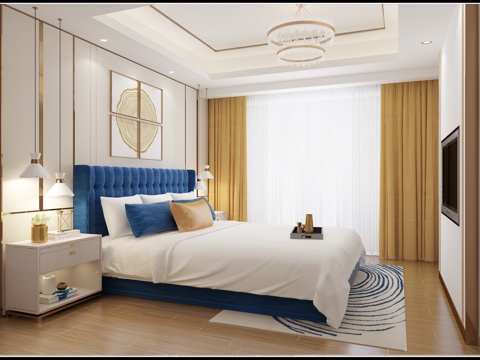  现代主卧室 吊灯 双人床 台灯3d模型 