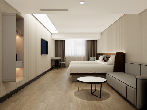  现代酒店客房双床房家庭房公寓宿舍汉庭3d模型 