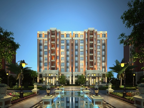  现代多层住宅夜景全模场景3d模型 