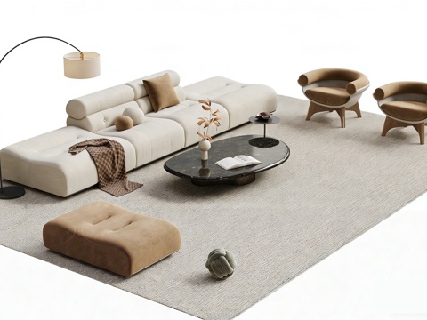  现代奶油沙发组合 布艺沙发 沙发 休闲椅 沙发凳 落地灯3d模型 