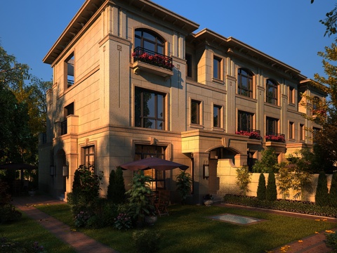  经典欧式别墅内院景观全模场景3d模型 