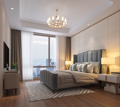  简欧卧室 吊灯 双人床 台灯 装饰柜3d模型 