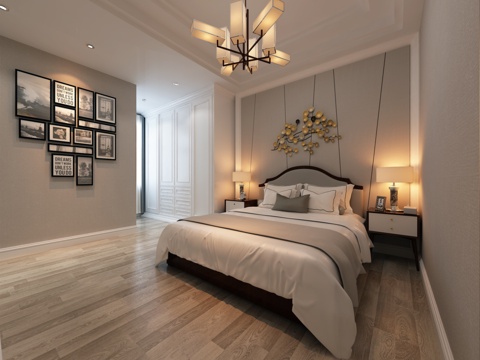  现代卧室 吊灯 双人床 挂画 台灯3d模型 