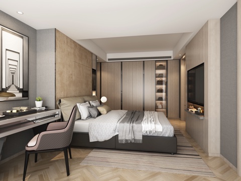  现代卧室 双人床 书桌椅 挂画 衣柜3d模型 