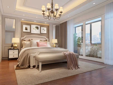  欧式简约主卧室 吊灯 双人床 台灯 床尾凳 挂画3d模型 