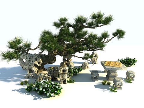  传统中式景观树松树假山灌木组合石凳石桌象棋3d模型 