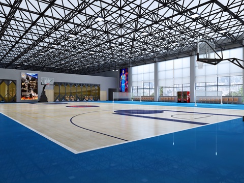  现代健身房篮球室 篮球室 海报 篮球架 篮球 网球场 饮3d模型 