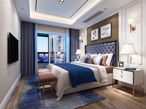  北欧卧室 双人床 台灯 壁灯 挂画3d模型 