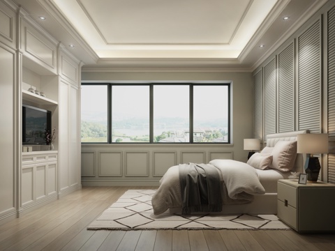  欧式简约卧室 双人床 台灯 衣柜3d模型 