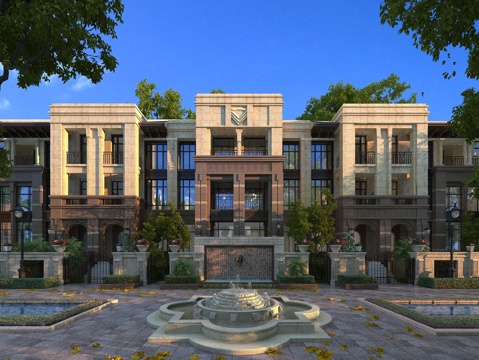  欧式简约联排别墅全模场景3d模型 