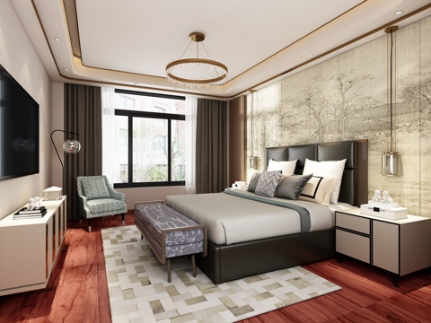  新中式卧室 吊灯 双人床 床尾凳 装饰柜 单人沙发3d模型 