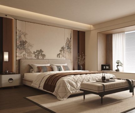  新中式卧室 宋式风主卧 飘窗卧室3d模型 