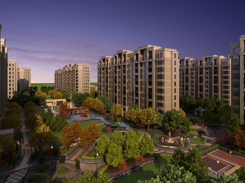  欧式简约住宅鸟瞰内庭院景观全模场景3d模型 