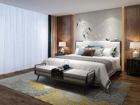  新中式卧室 双人床 床尾凳 台灯 背景墙3d模型 