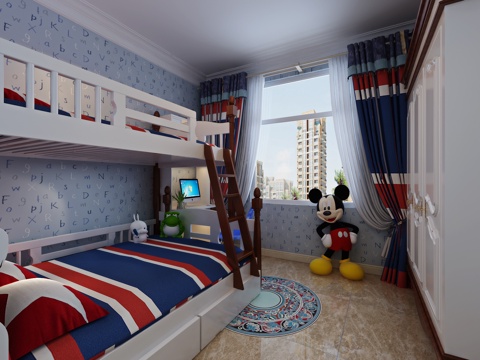  欧式简约男孩房 高低床 玩具3d模型 