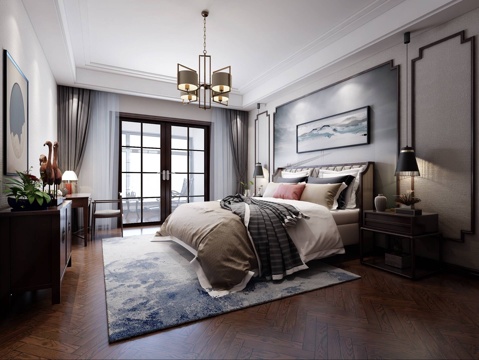  新中式卧室吊灯书桌床3d模型 