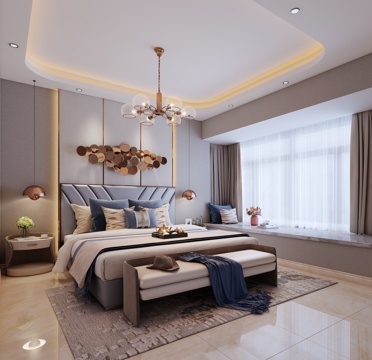  现代卧室 双人床 吊灯 床尾凳 台灯 装饰物3d模型 