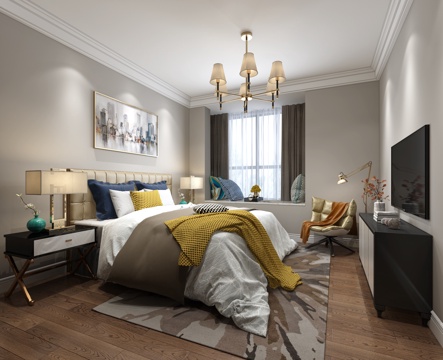  现代卧室 吊灯 双人床 装饰柜 单人沙发 台灯 挂画3d模型 