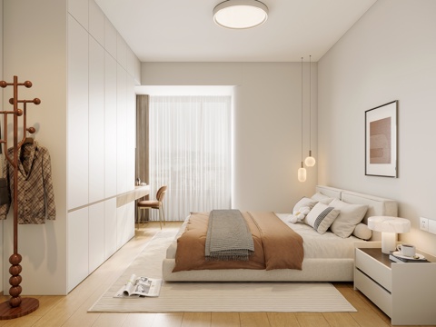  奶油风卧室3d模型 