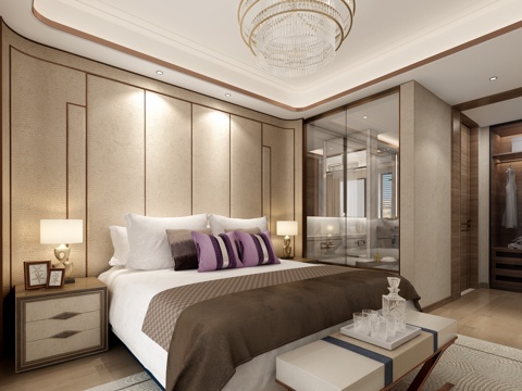  现代主卧室 吊灯 双人床 台灯 床尾凳3d模型 