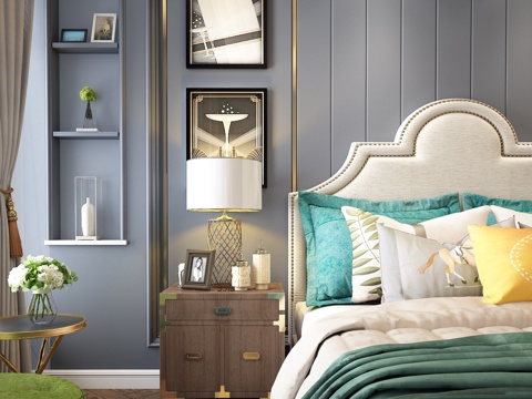  欧式古典卧室 吊灯 双人床 床尾凳 装饰柜 挂画 摆件3d模型 