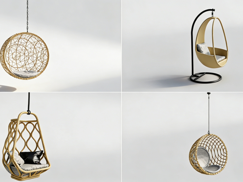现代悬挂座椅4款 藤编吊篮 吊球椅 蛋形休闲椅 阳台民宿咖啡su模型