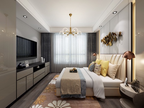  现代简约卧室 吊灯 双人床 装饰物 电视柜3d模型 