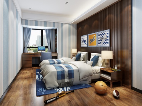  现代男孩儿童房 台灯 书桌椅 双人床 玩具 挂画3d模型 