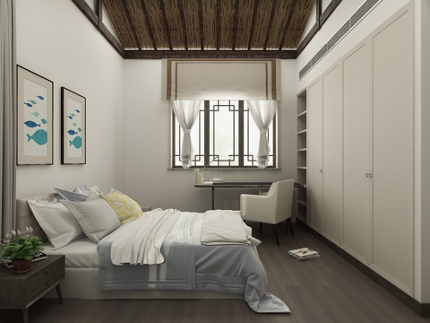  新中式卧室  双人床 台灯 书桌椅子组合 装饰画3d模型 