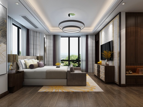  新中式卧室 吊灯 双人床 装饰柜 台灯3d模型 