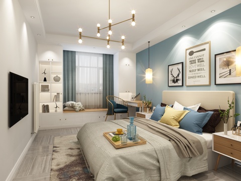  北欧卧室 吊灯 双人床 挂画 置物架 飘窗3d模型 