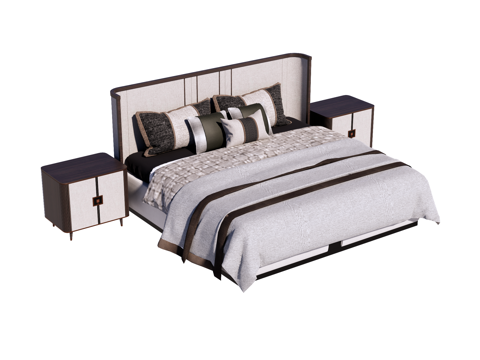  新中式双人床su模型 