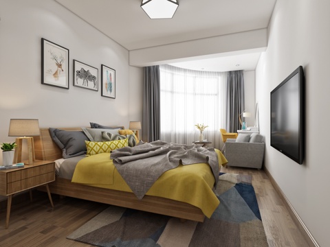  北欧卧室 吊灯 双人床 台灯 书桌椅3d模型 