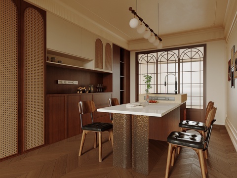  中古风餐厅 餐桌椅 岛台 酒柜3d模型 