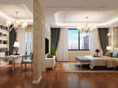  欧式卧室 吊灯 台灯 双人床 装饰柜 书桌椅 书柜 壁灯3d模型 