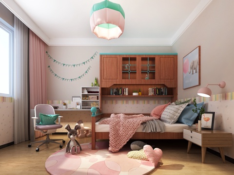  现代女孩儿童房 吊灯 双人床 书桌椅 地毯 钢琴 书柜3d模型 