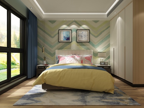  现代风格男孩房衣柜床头柜地毯吊灯挂画窗帘3d模型 