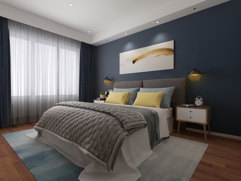  北欧主卧室 台灯 双人床 挂画 衣柜3d模型 