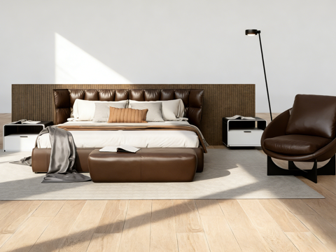 现代简约卧室 褶皱床头皮质床 配套皮椅皮凳 皮质单人椅su模型