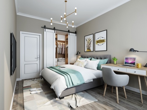  北欧主卧卧室 吊灯 双人床 书桌椅 挂画 衣柜3d模型 